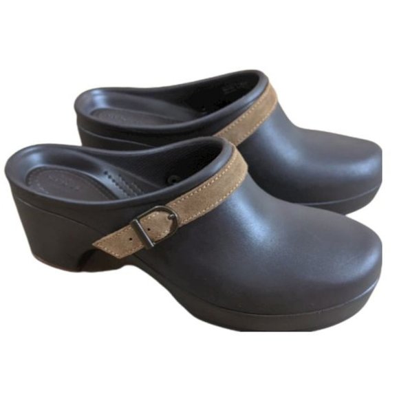 Crocs Dual Comfort Sarah Clog Mule Brown Chocolate Platform Heel - Size 9 - Picture 1 of 10